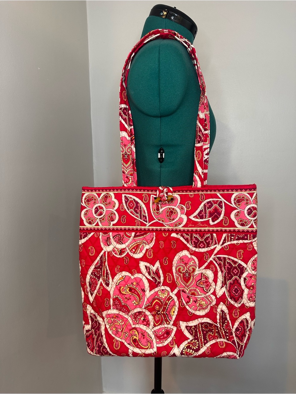 Vera Bradley Red Quilted Floral Tote with Pink and Cream Accents